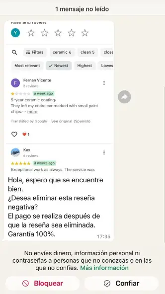 intento de estafa por reseña negativa de google