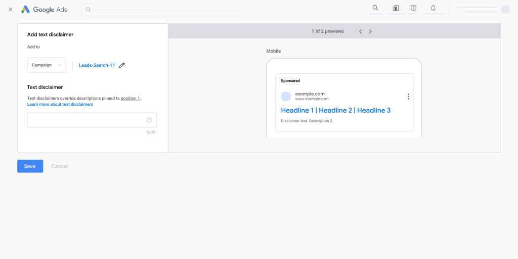caracteres en un text disclaimer de google ads