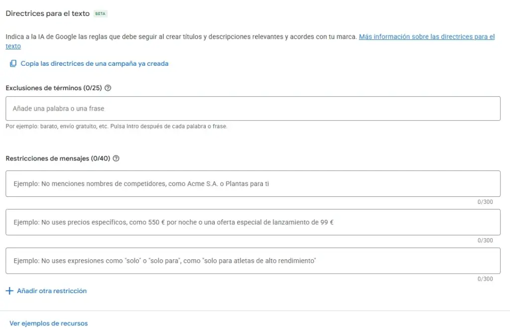 exclusiones y personalización de texto ia max google ads